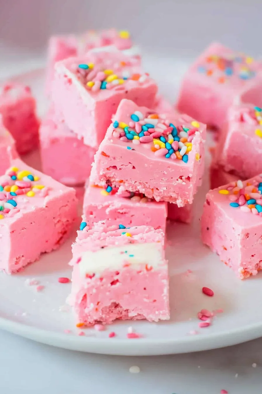 Bite-sized pink fudge pieces scattered with rainbow sprinkles.