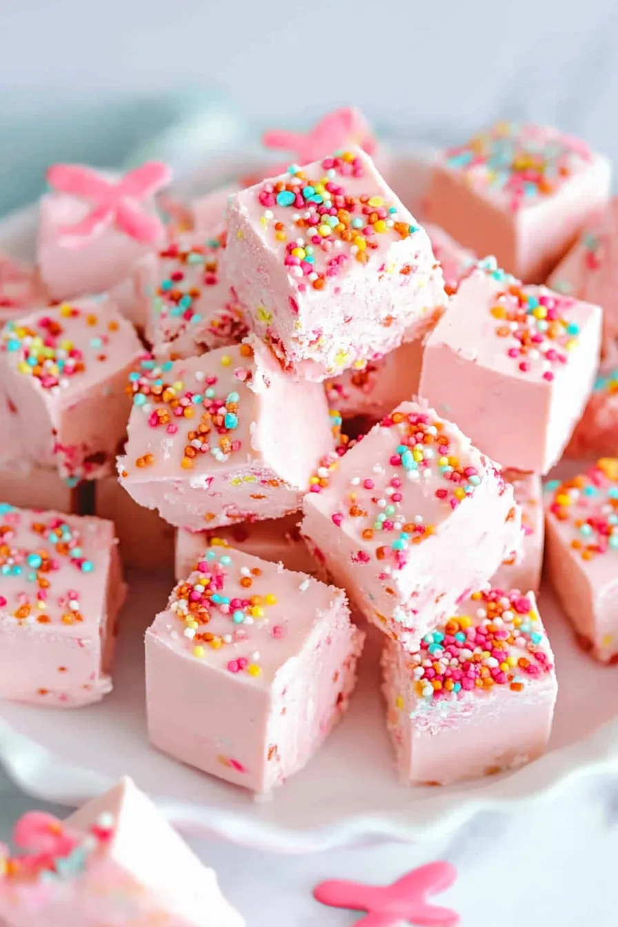 Soft, crumbly pink fudge squares decorated with multicolored sprinkles.