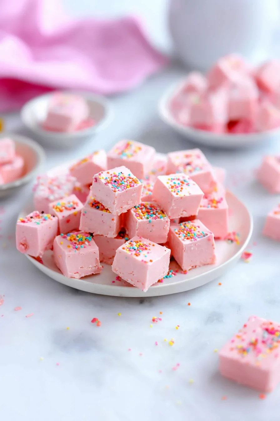 Stacked cubes of creamy pink fudge featuring bright candy sprinkles.