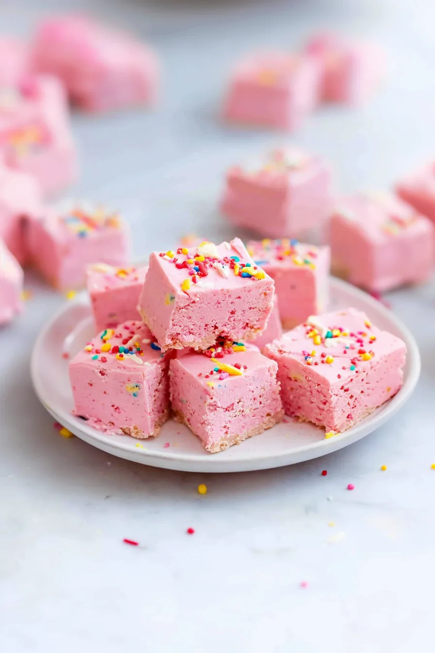 Pink, sprinkle-topped fudge pieces arranged on a white plate.
