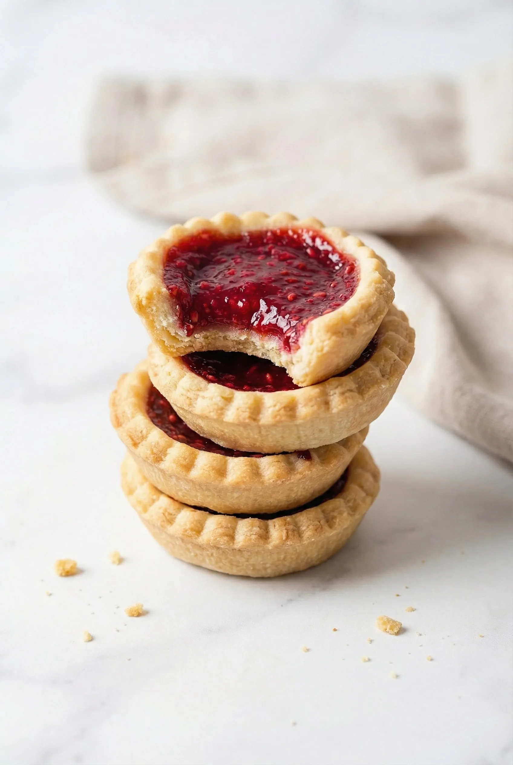 Stack of golden tarts with raspberry filling, one bitten to reveal crumbly texture.