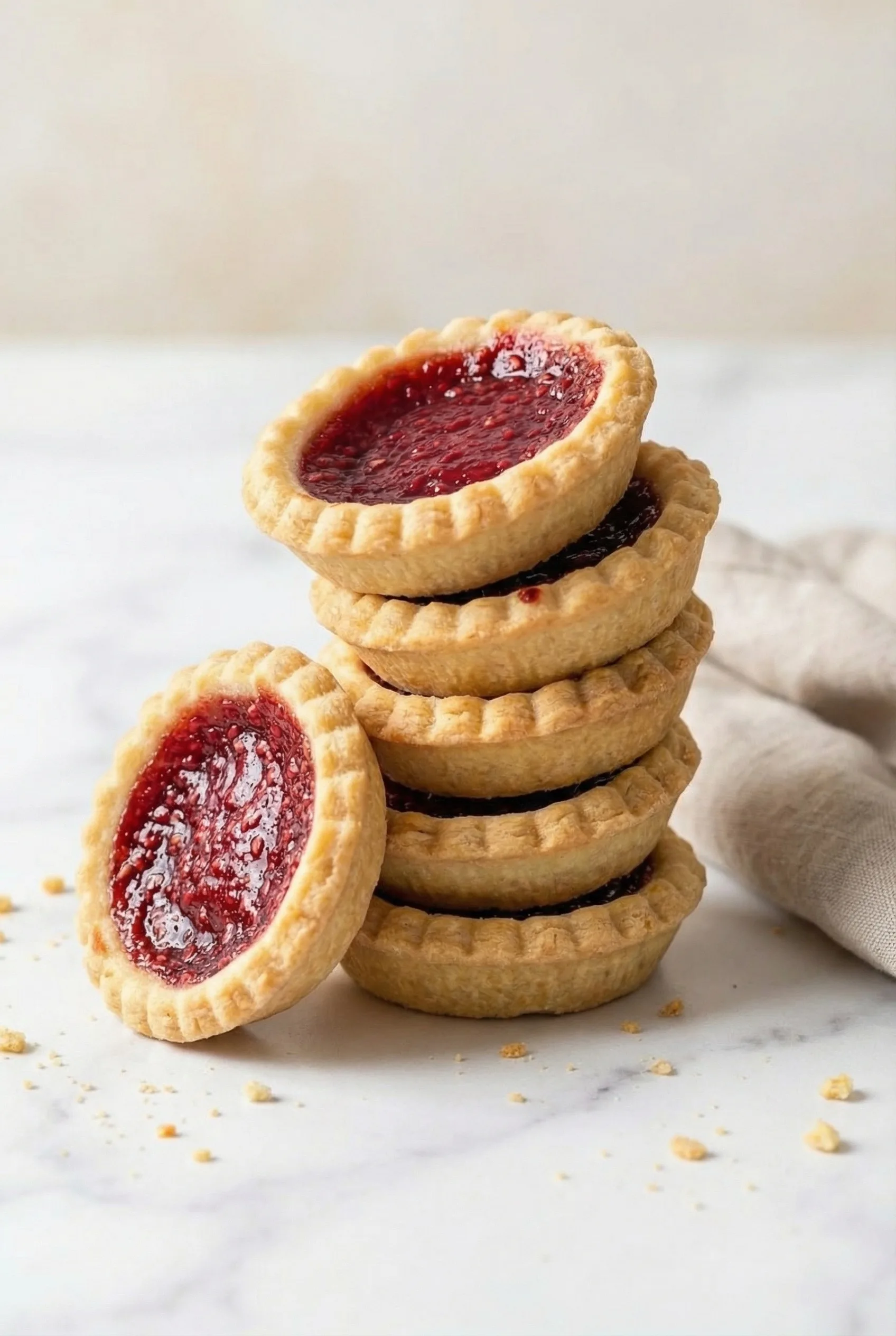 Crisp, fluted pastry cups filled with thick, shiny jam.