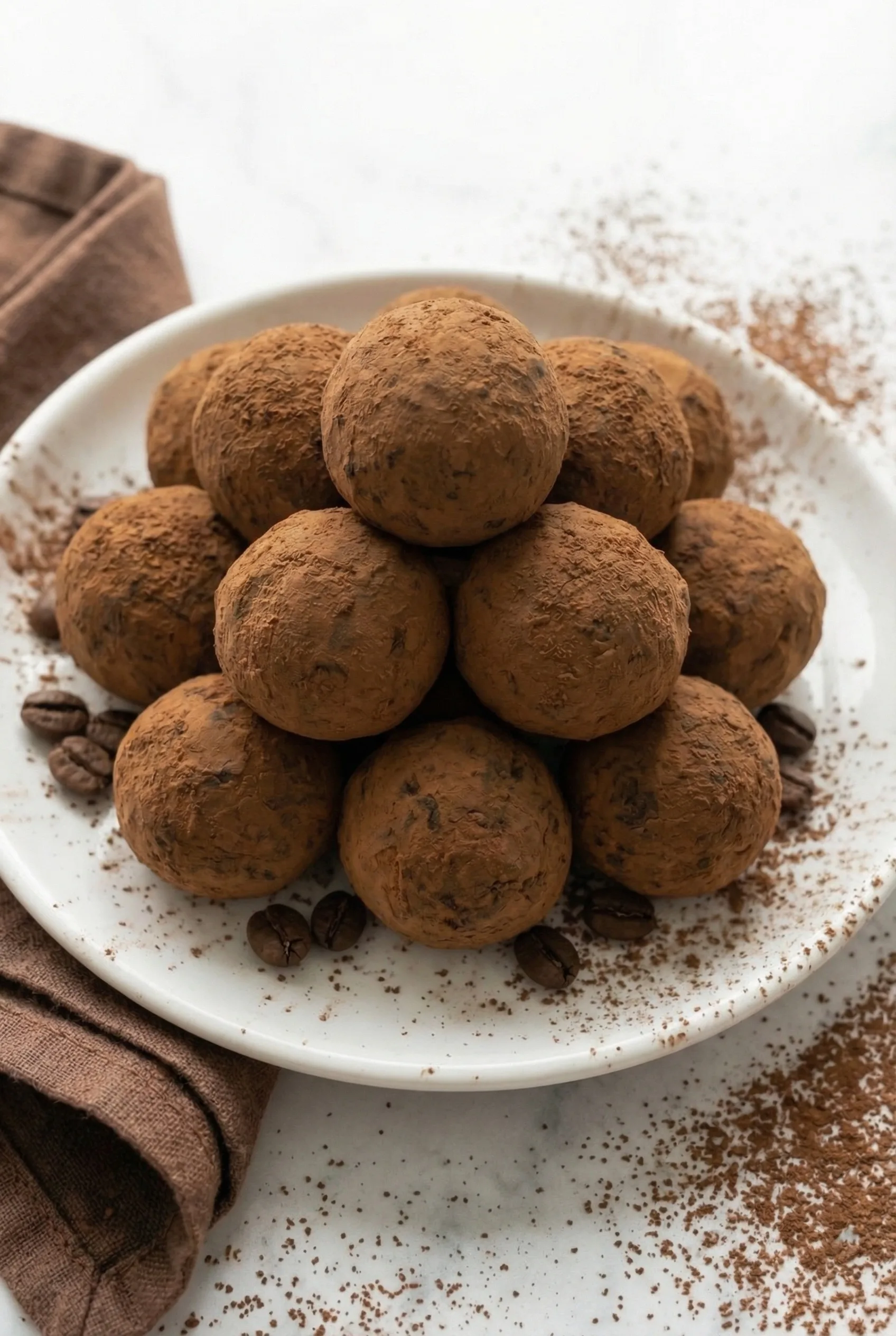 Soft, cocoa-covered truffles displayed in a simple, minimal layout.