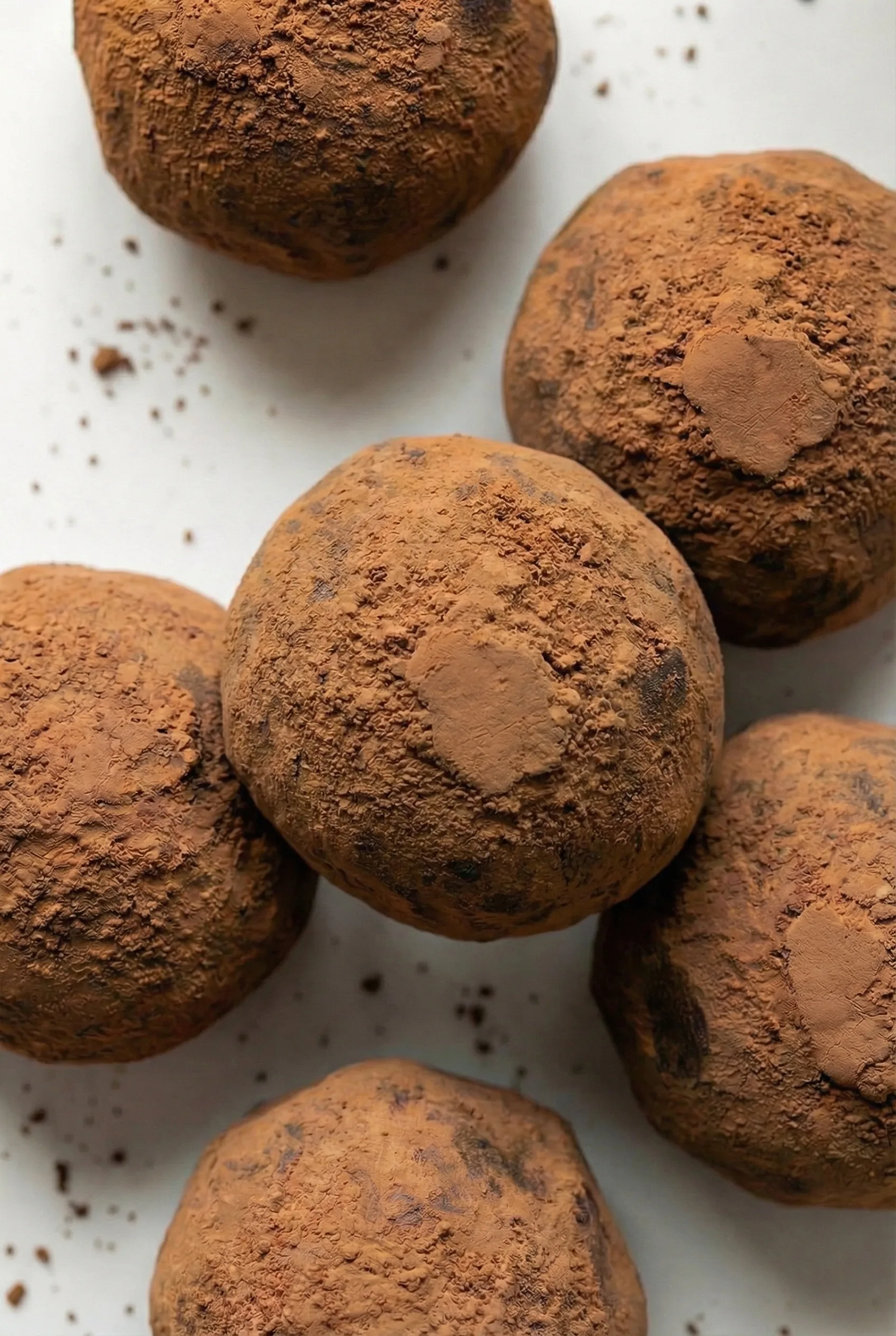 Close-up of cocoa-dusted chocolate truffles arranged on a smooth surface.