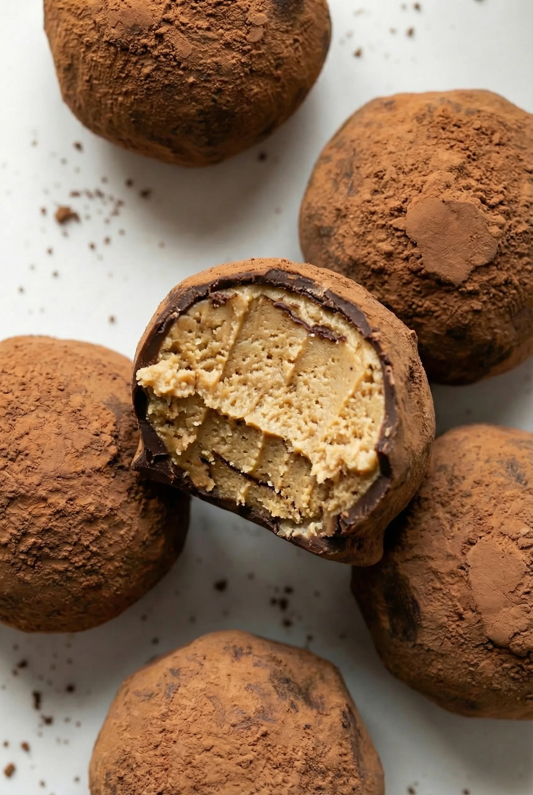 Round, velvety truffles coated in a layer of cocoa powder.