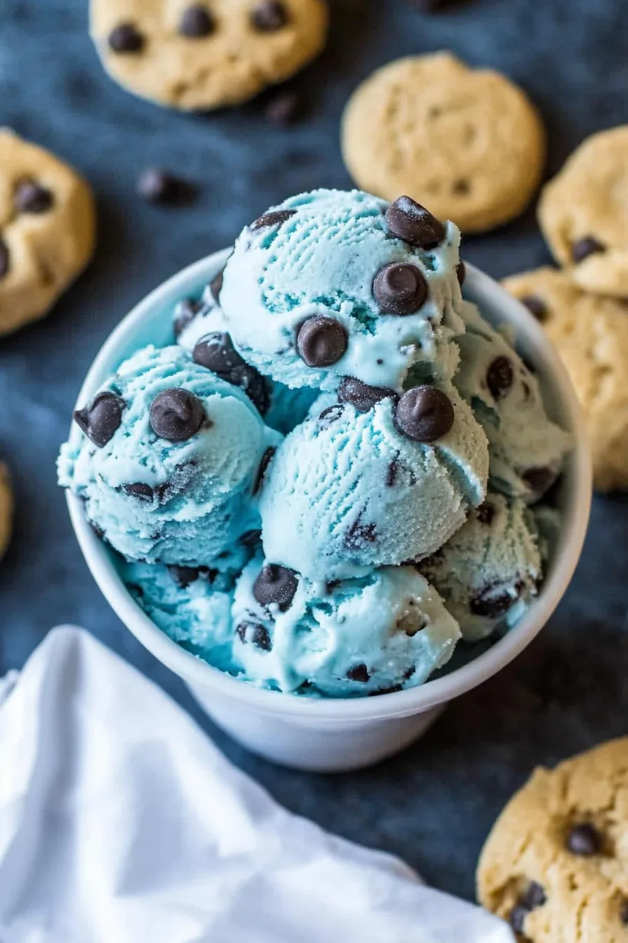 A playful dessert scene with blue ice cream and chocolate chip cookies on a dark backdrop.