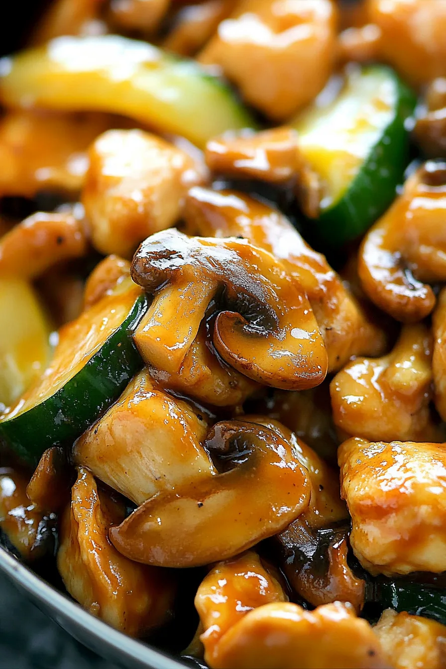 Close-up of tender chicken bites mixed with sautéed mushrooms and zucchini in a skillet.