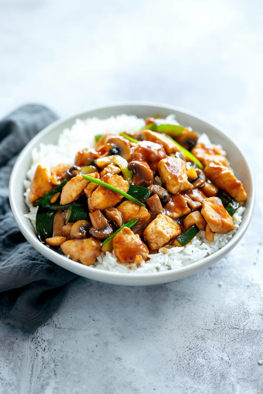 A bowl filled with juicy chicken, earthy mushrooms, and sliced zucchini in a rich brown sauce.