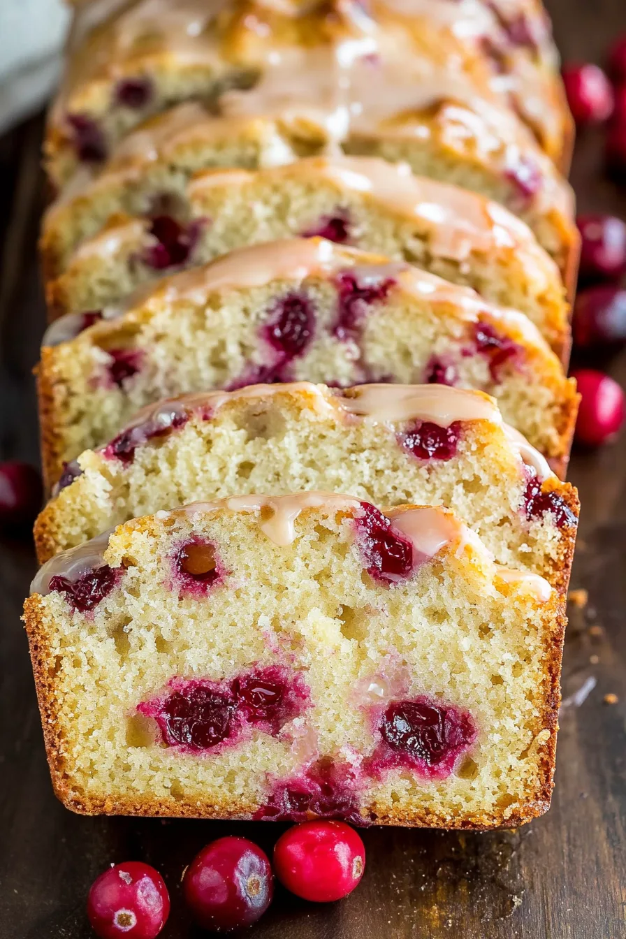 Close-up of a moist bread showing cranberry pieces and a shiny glaze on top.