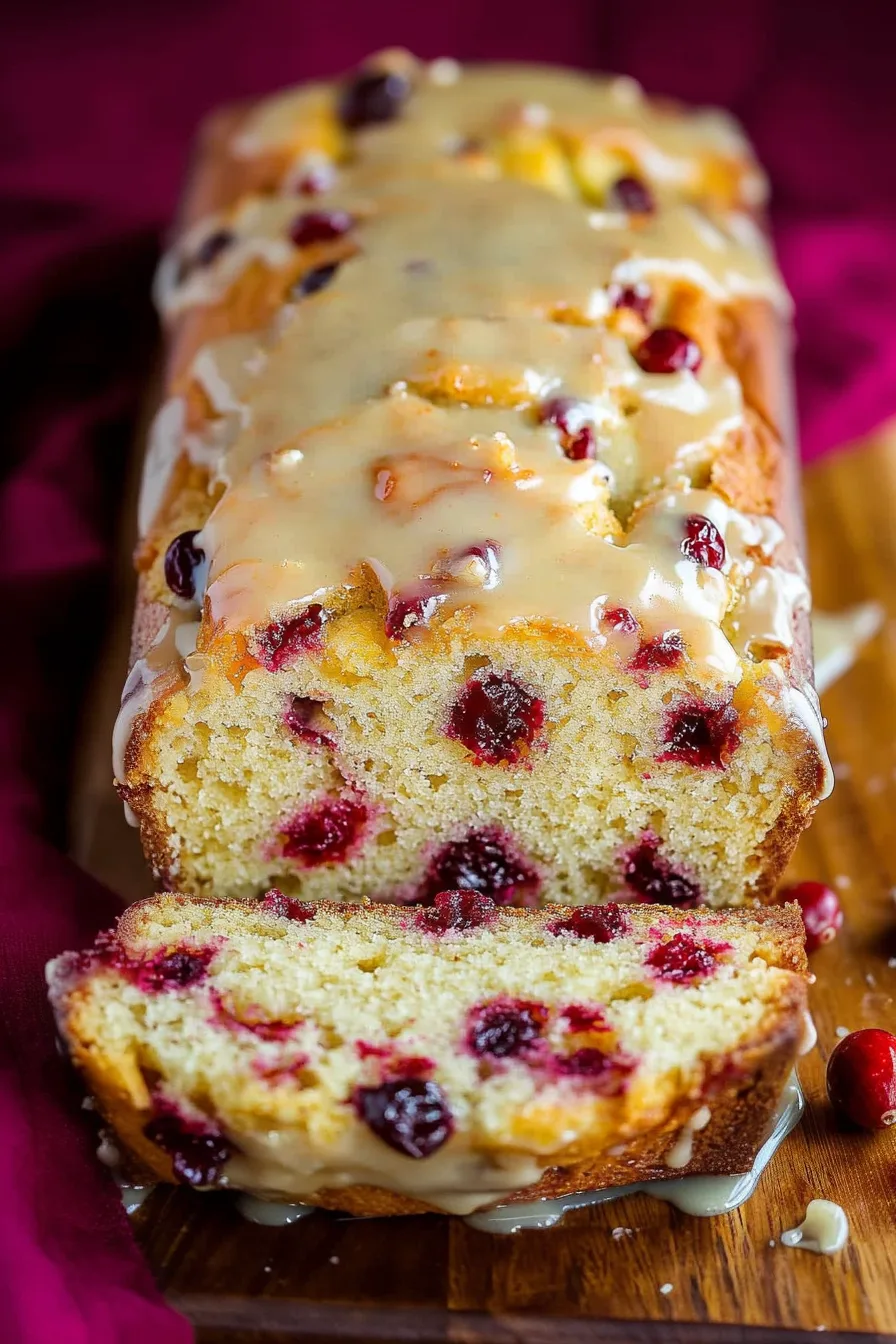 Sliced loaf studded with bright cranberries and topped with a light citrus drizzle.