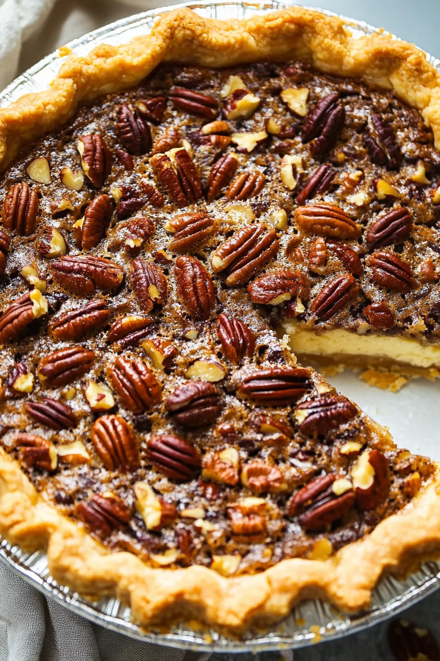 Close-up of a golden pie topped with toasted pecans and a smooth custard-like layer inside.