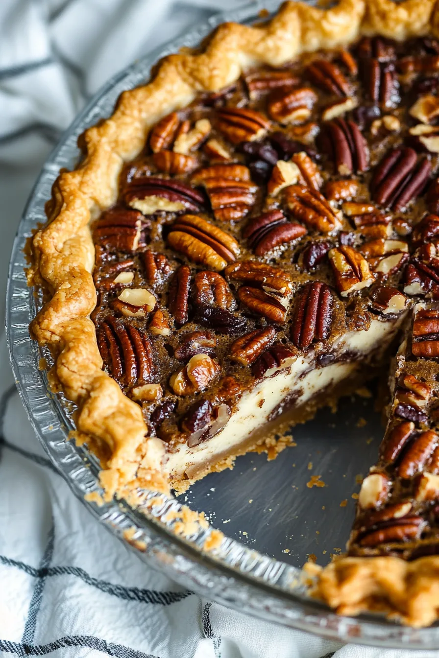 A baked pie filled with pecans and a creamy center, with one slice removed.