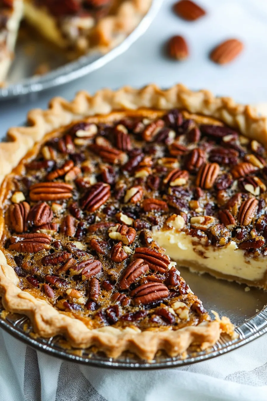 Rich pecan-topped dessert showing its soft cream filling where a piece was cut out.