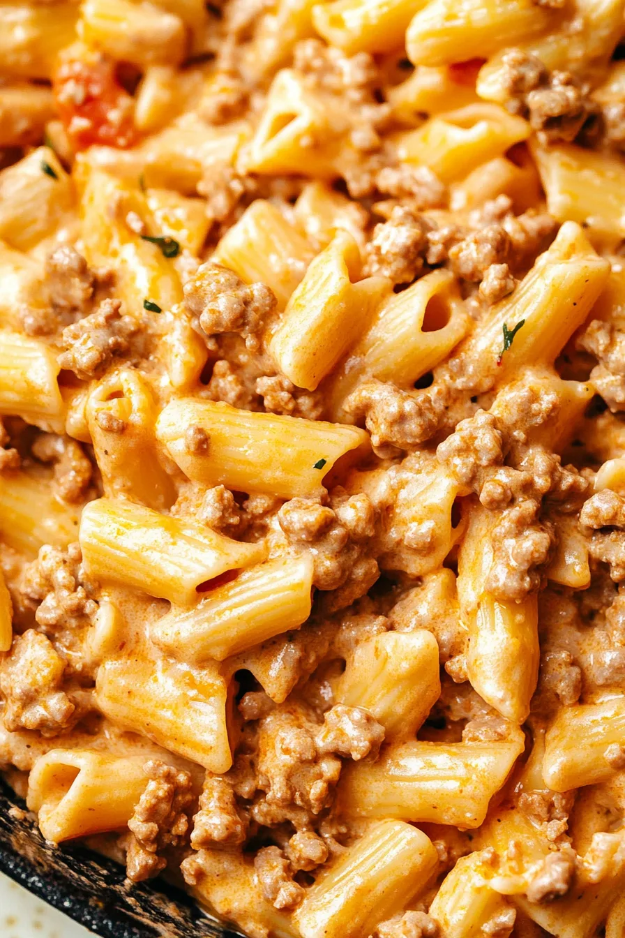 Close-up of tender pasta coated in a rich, cheesy sauce with browned beef.
