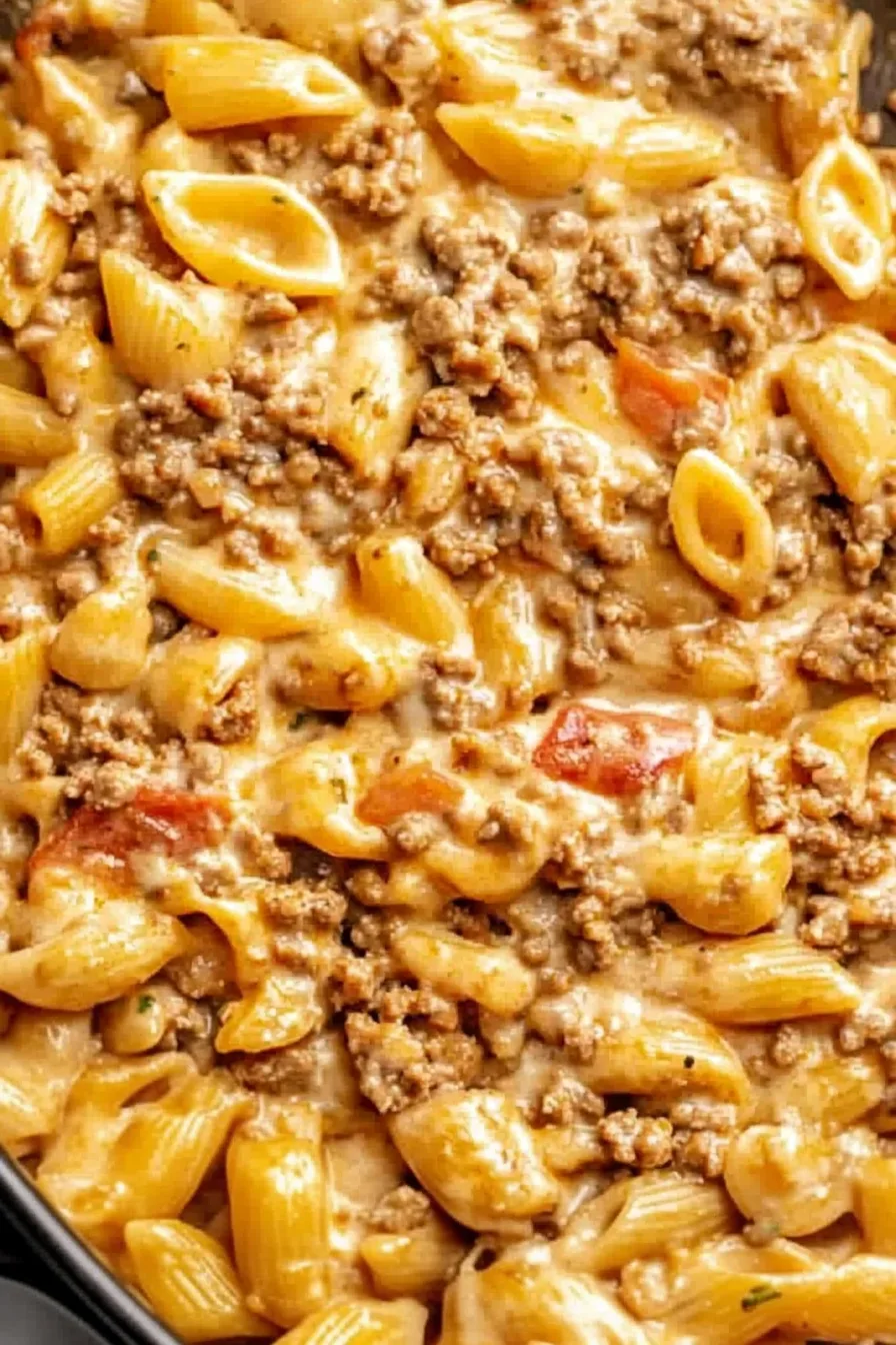Warm, saucy pasta with savory beef and melted cheese throughout.
