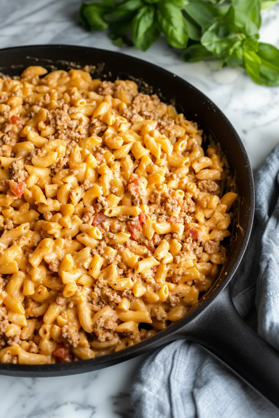 Creamy skillet pasta mixed with ground meat and tomatoes