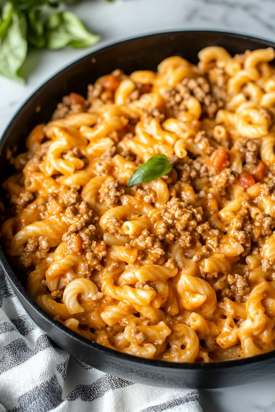 Pasta shells combined with seasoned ground meat in a velvety, golden sauce.