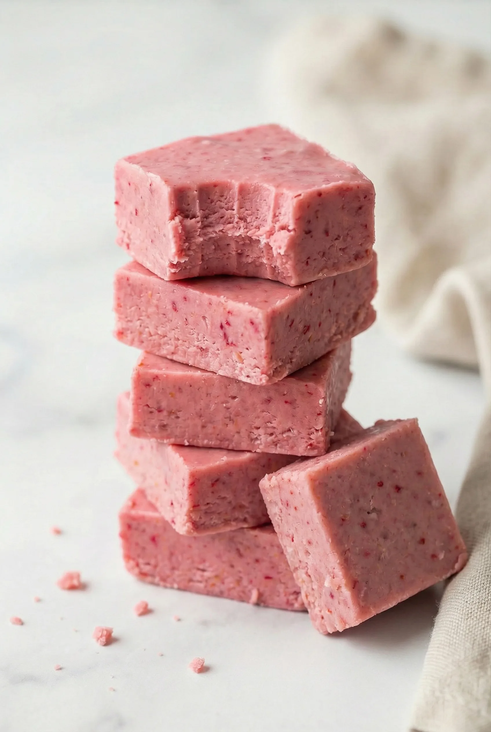 A plate of pink raspberry-flecked fudge squares stacked neatly.