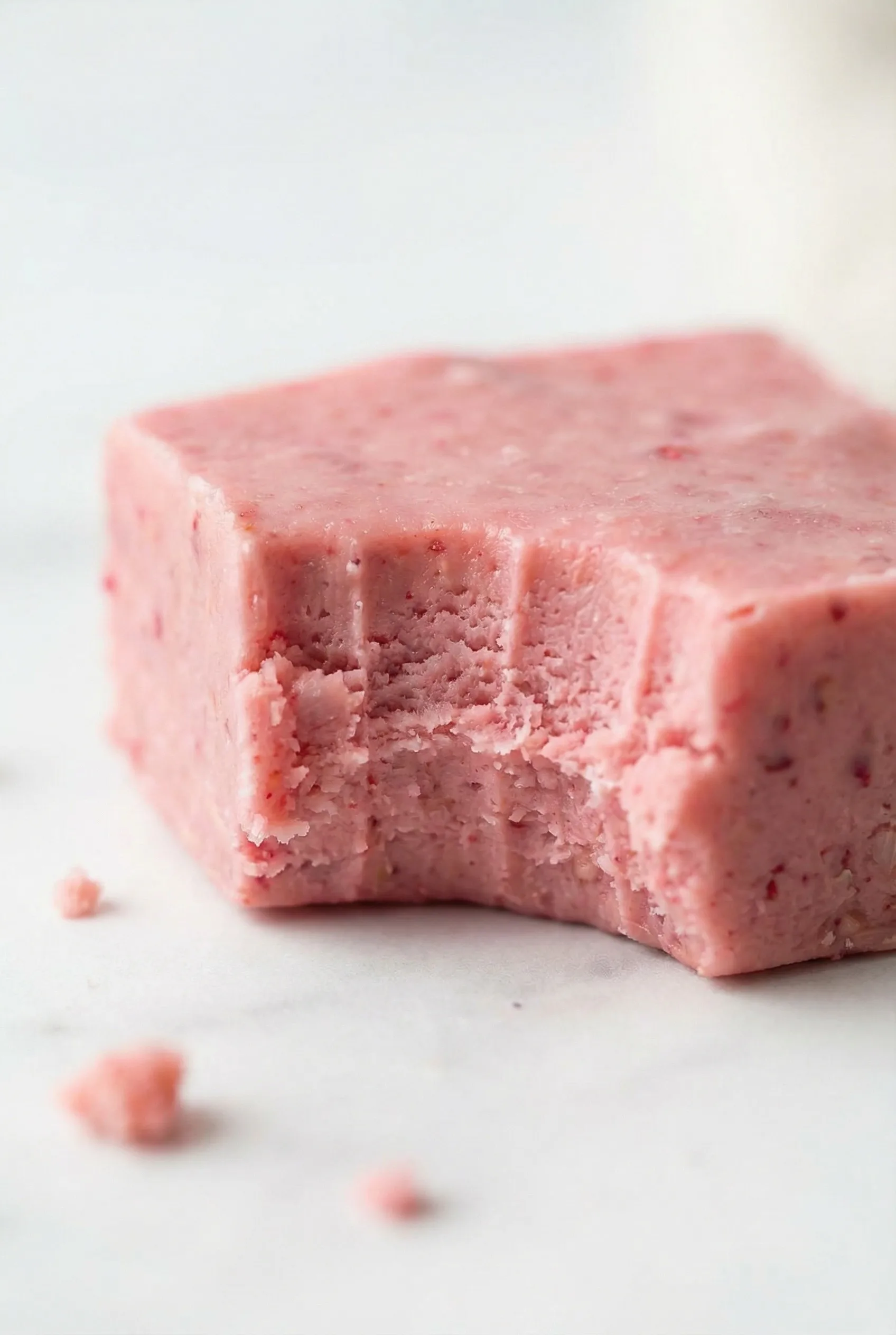 Close-up of creamy coconut raspberry fudge showing a bite.