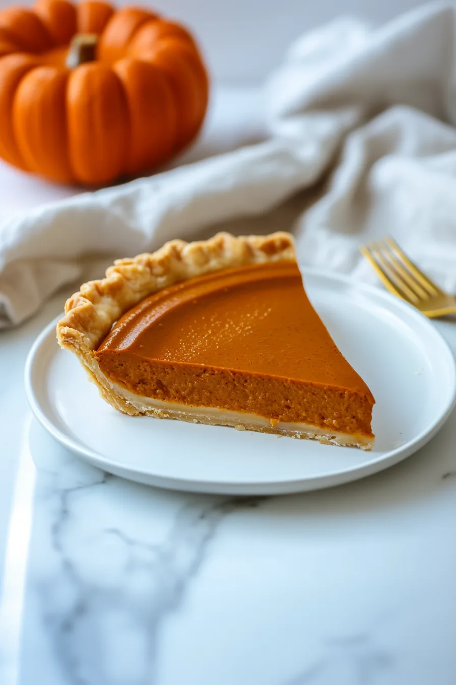 Pumpkin-colored dessert slice displayed on a plate with whole pumpkins behind it.