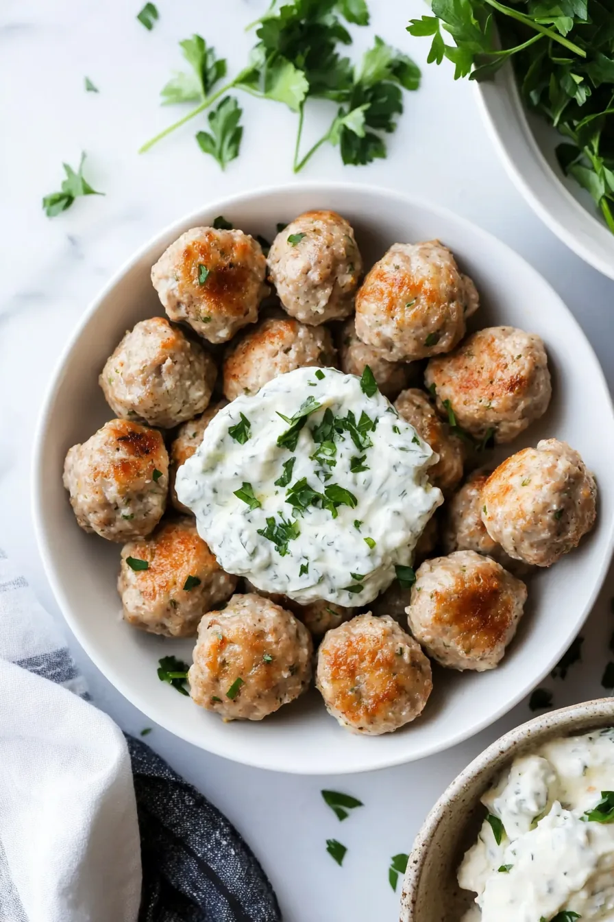 Golden turkey meatballs served in a bowl with fresh herbs.