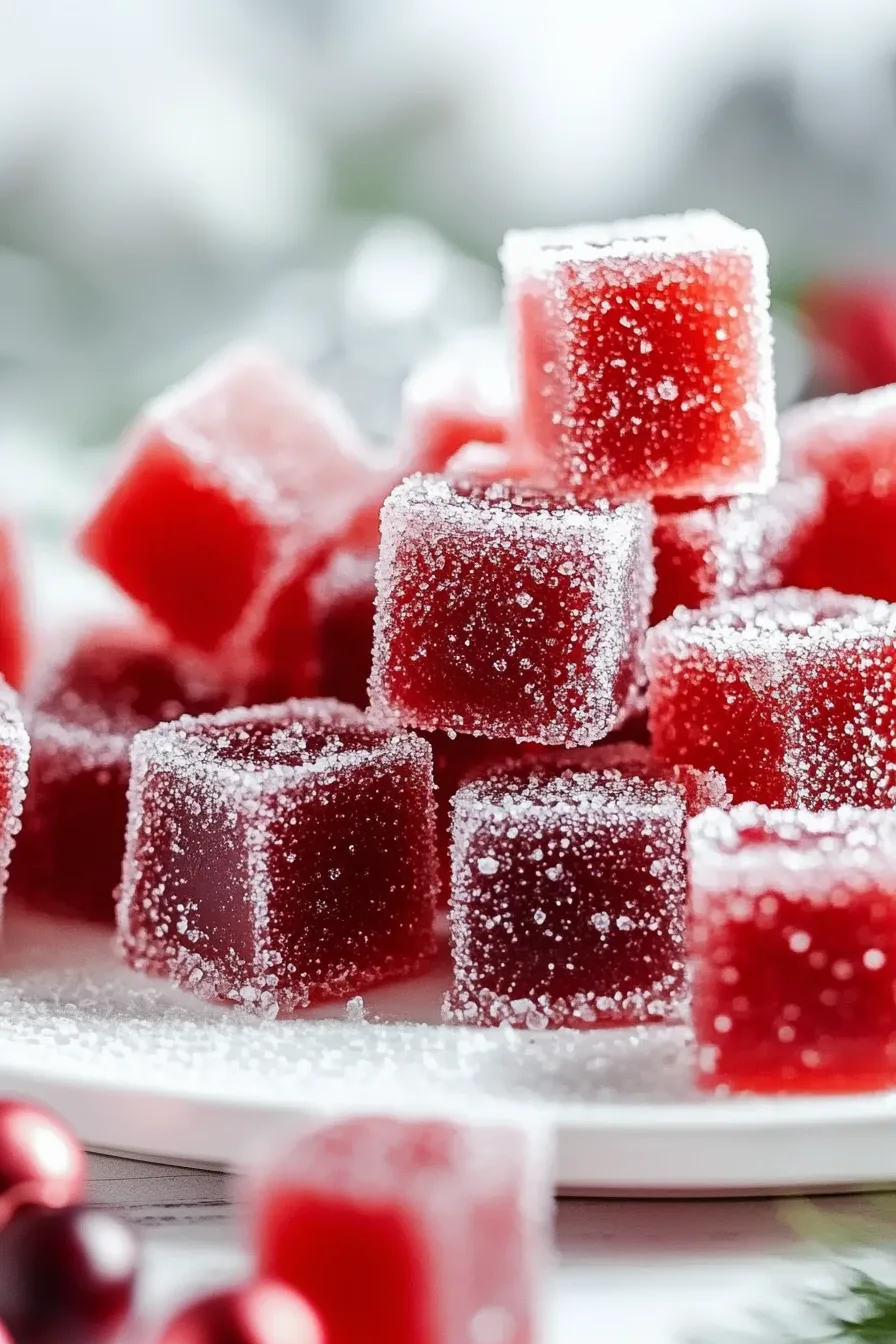 Pile of glossy cranberry-colored jelly squares dusted with fine sugar.