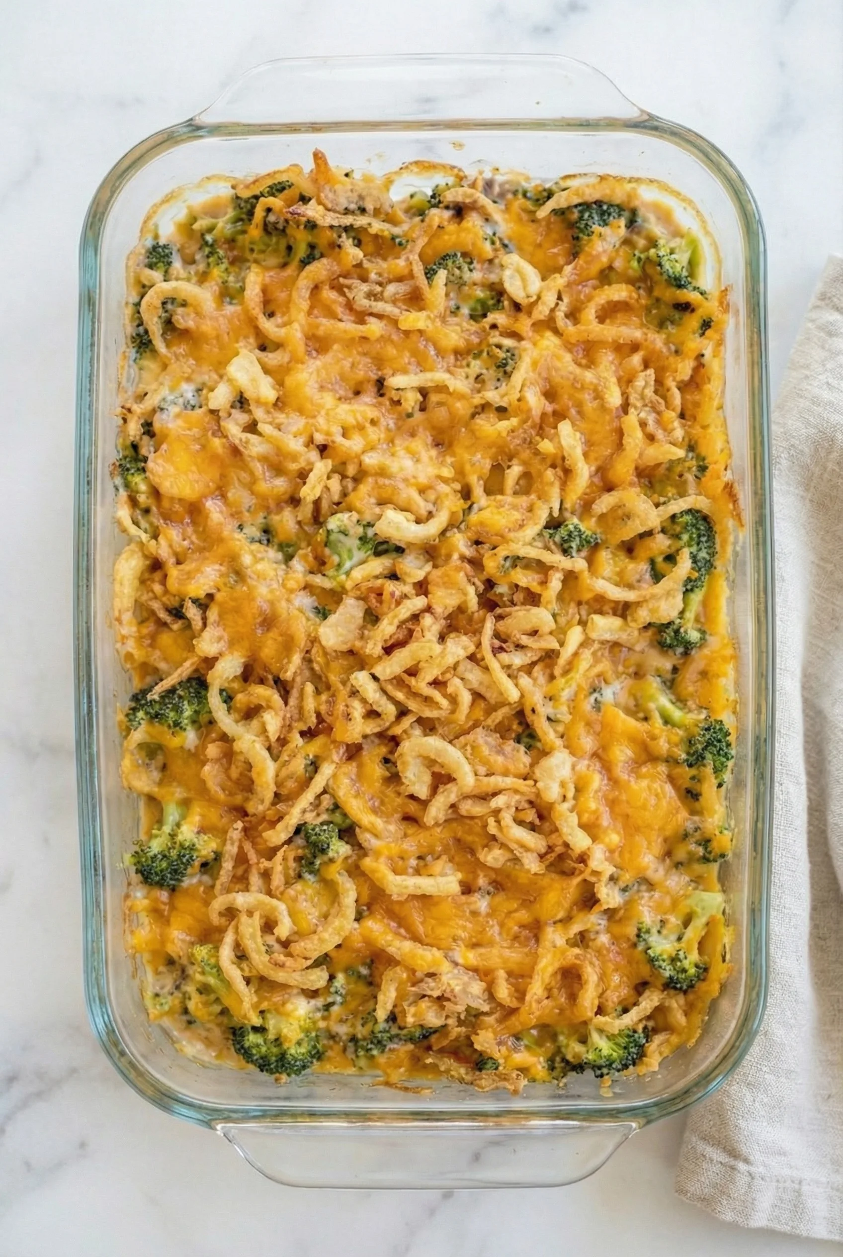 Baked casserole resting on a table, its melted cheese and toasted onions browned perfectly.