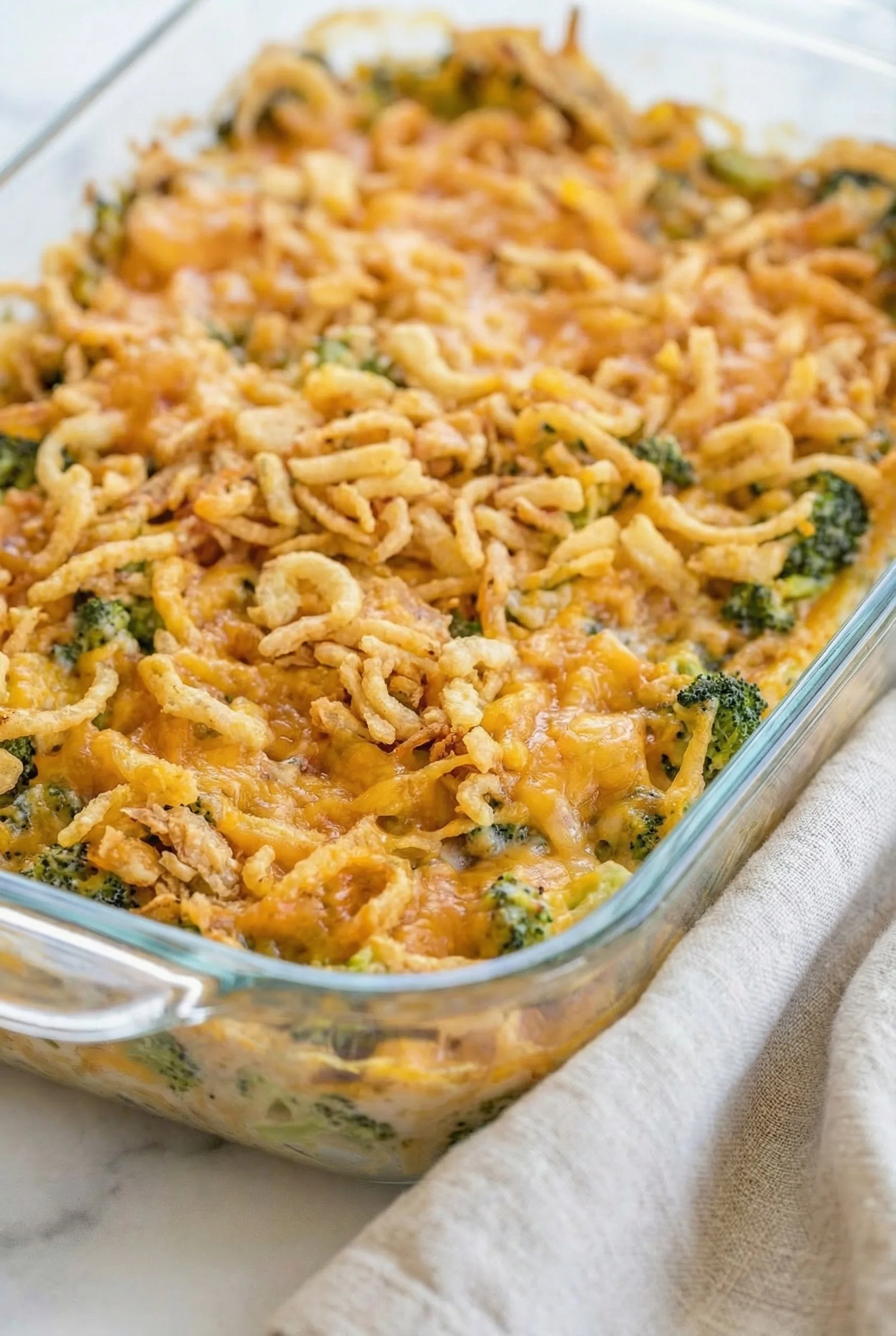 Serving dish filled with a hot, crusty vegetable casserole and crunchy onion topping.