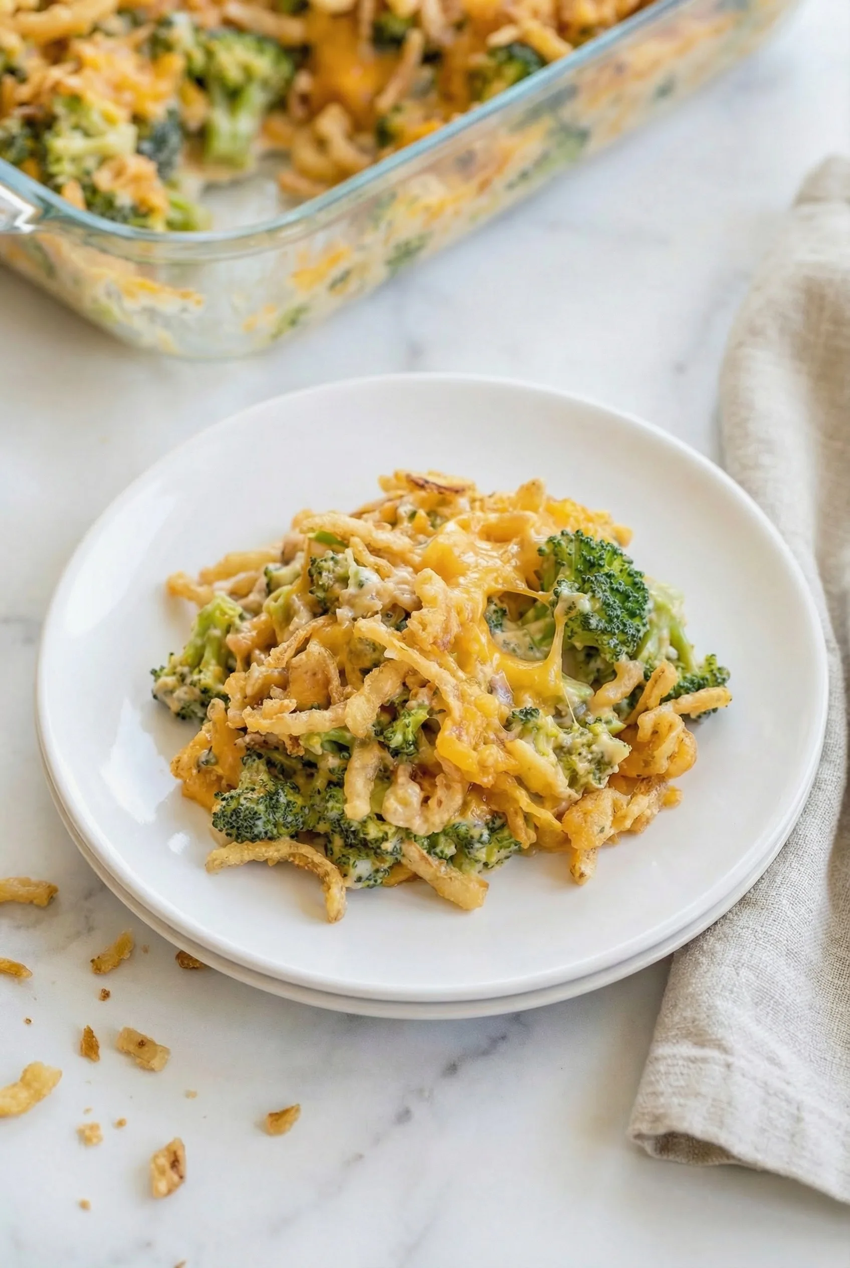 Plate with a hearty scoop of the casserole, highlighting its layered texture.