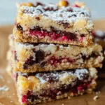 Three layered dessert bars on parchment paper, highlighting the gooey cranberry filling.