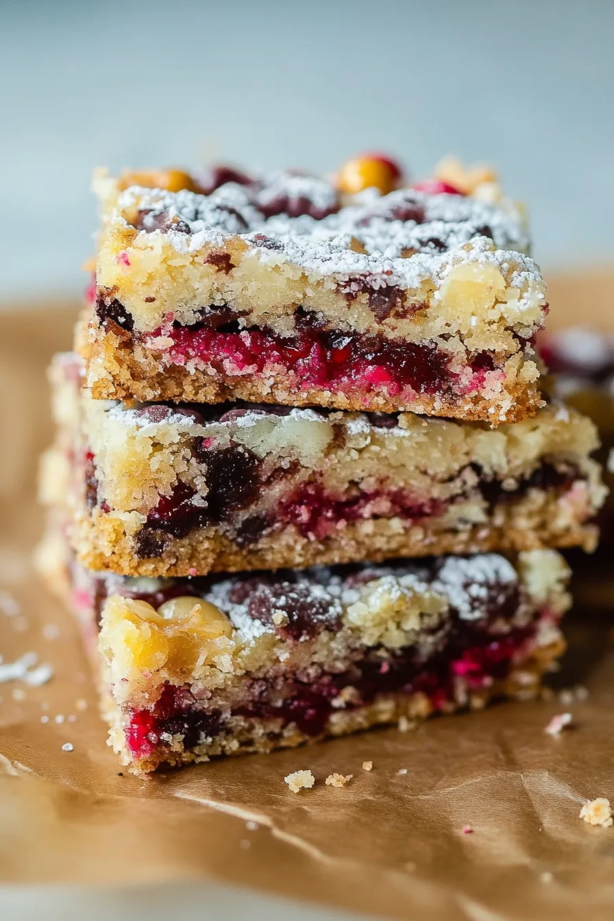 Three layered dessert bars on parchment paper, highlighting the gooey cranberry filling.