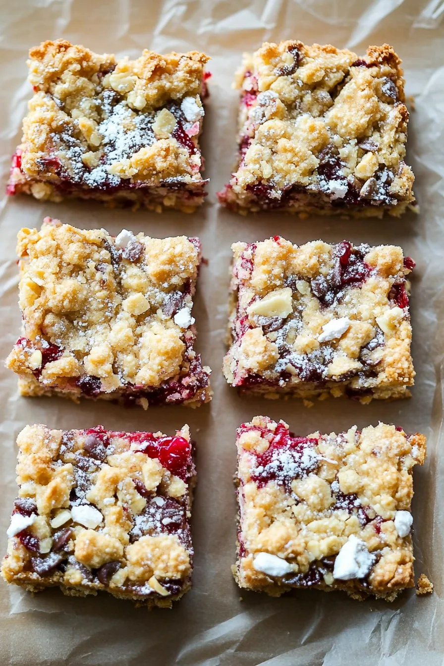 Cut squares of buttery bars revealing a mix of tart cranberries and soft cookie-like layers.