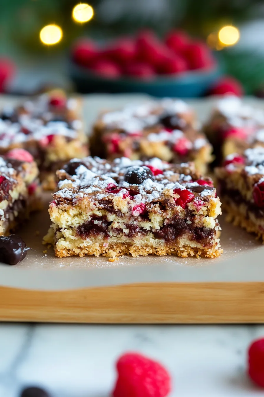 A stack of chewy, fruit-studded bars topped with a light sprinkle of sugar.