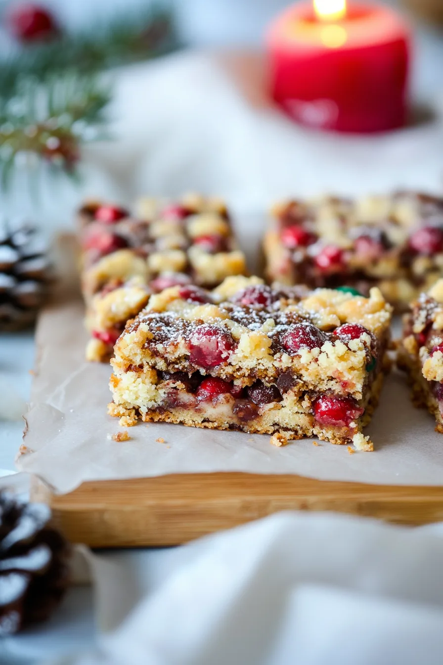 Stack of golden dessert bars filled with bright cranberry pieces and dusted with powdered sugar.