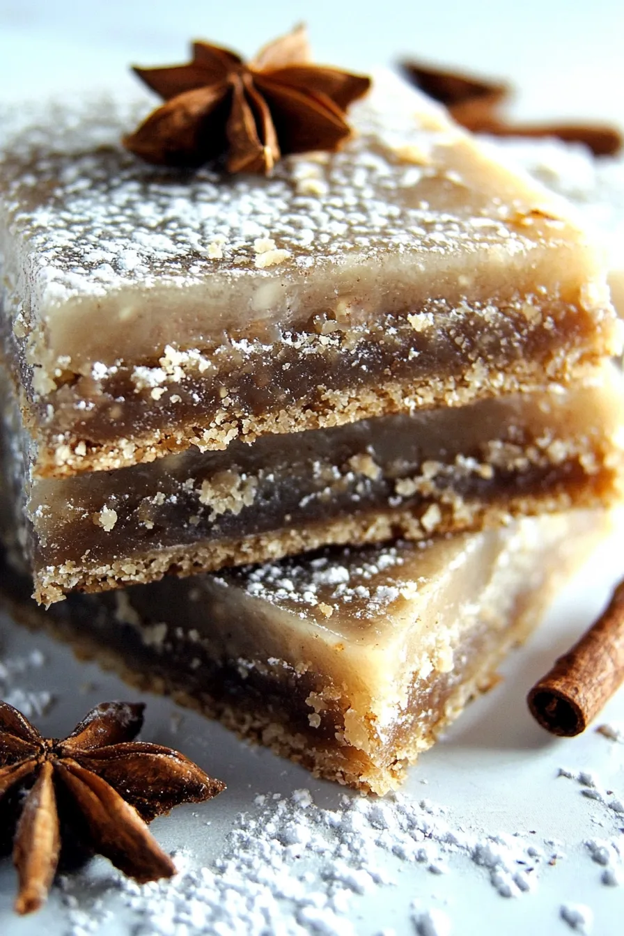 Close-up of soft, nutty bars with a light icing layer on top.