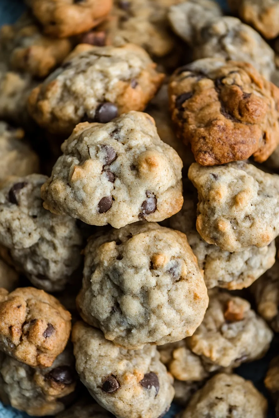 Pile of small, chunky cookies studded with chocolate chips and nuts.