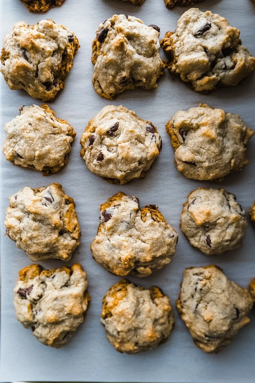 Freshly baked cookies with a rugged shape and lightly browned edges.