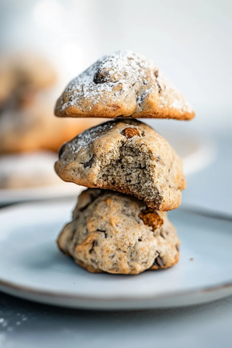 Close-up of rustic, golden-brown cookies with a soft, craggy texture.