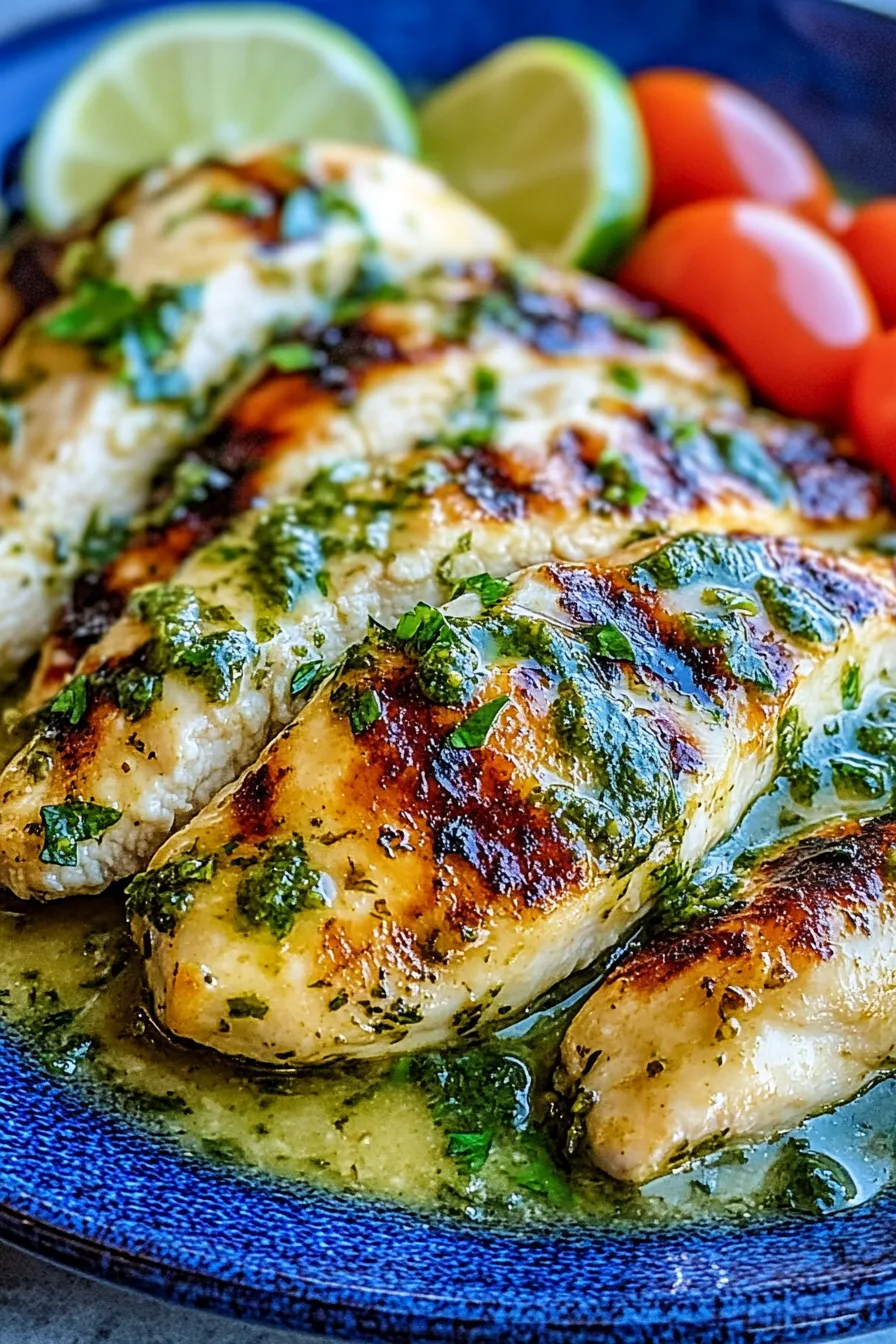 Grilled chicken pieces served with tomatoes and lime, finished with a green drizzle.