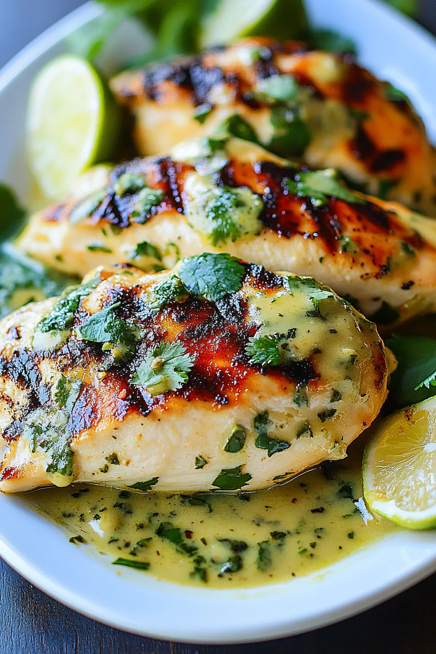 Close-up of juicy charred chicken covered in vibrant salsa-style sauce.