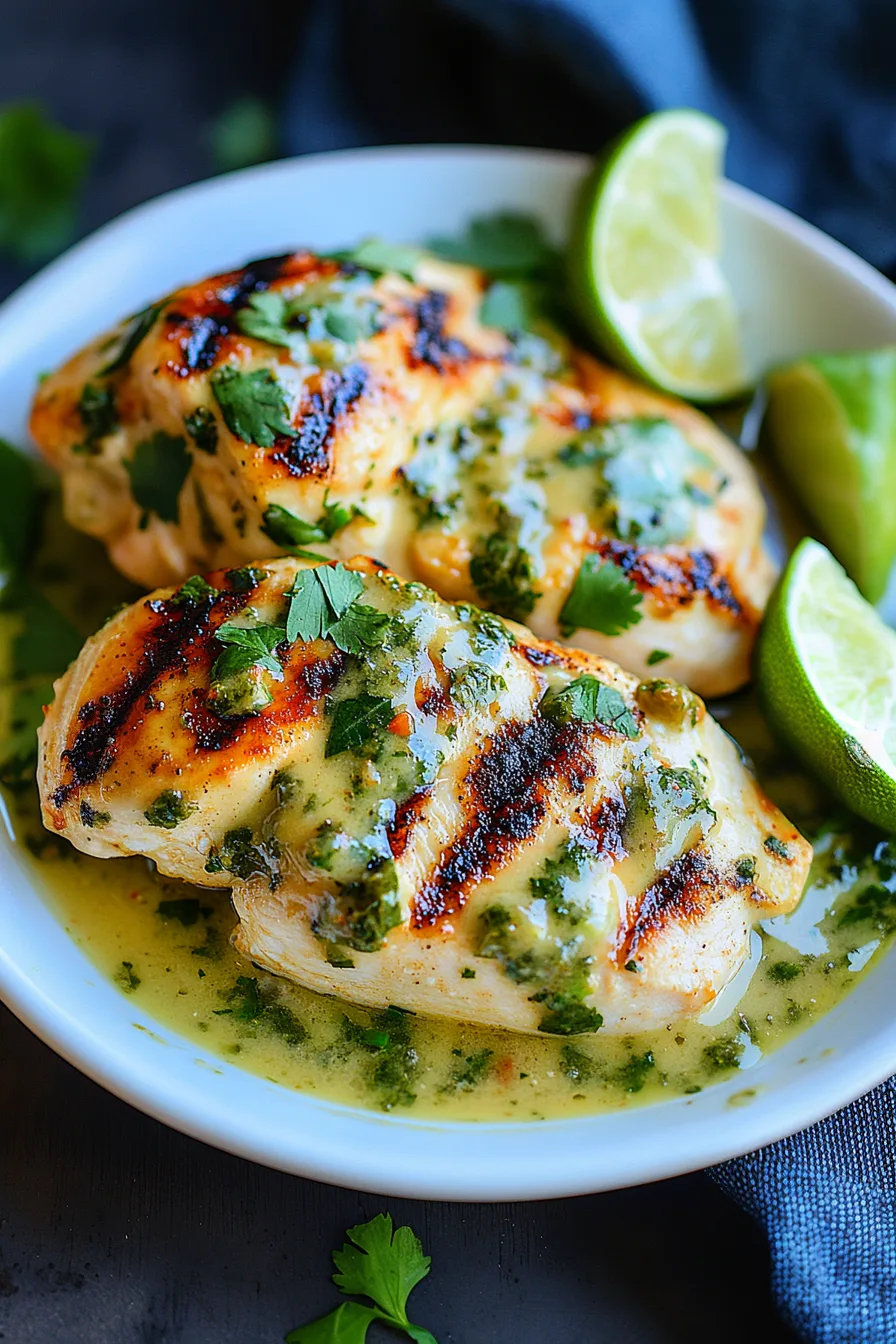 Tender chicken with char marks sitting in a pool of herb-filled sauce.