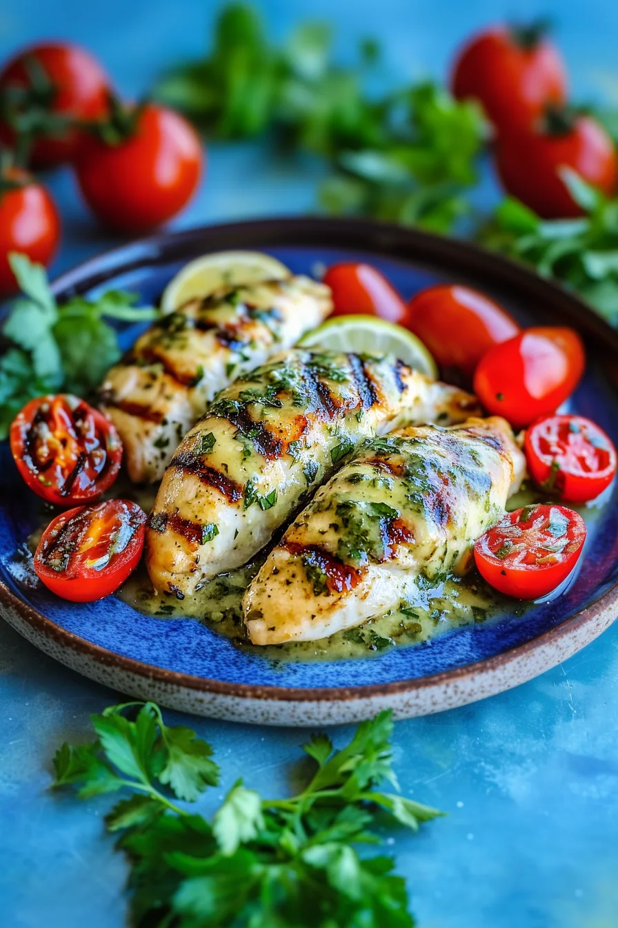 Golden grilled chicken topped with a fresh green herb sauce on a blue plate.