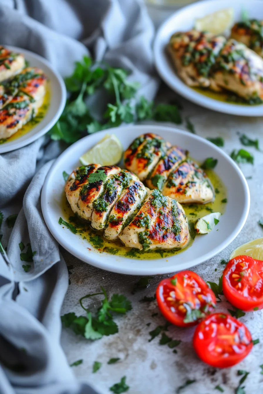 Plate of grilled chicken breasts drizzled with a bright, zesty green topping.