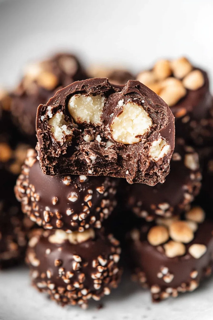 Close-up of a chocolate truffle sliced in half, revealing a creamy filling and whole macadamia nut inside.
