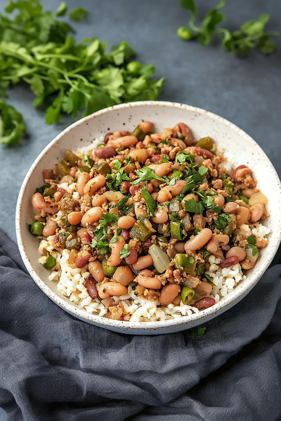 Warm, savory beans mixed with diced ham and spices, plated on a bed of rice.