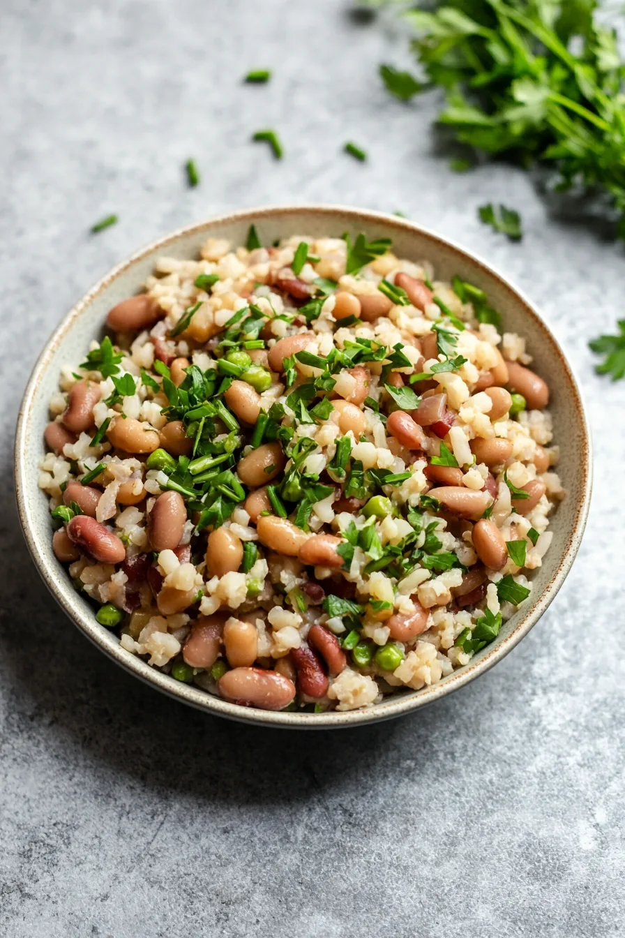 Final dish featuring seasoned peas, sautéed aromatics, and rice, ready to be served.