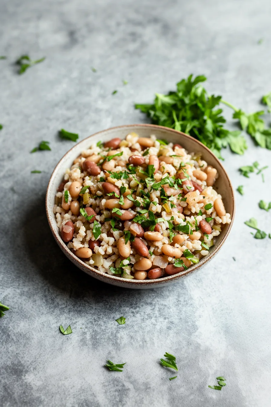 A comforting bowl of slow-cooked beans and ham, garnished with chopped parsley.