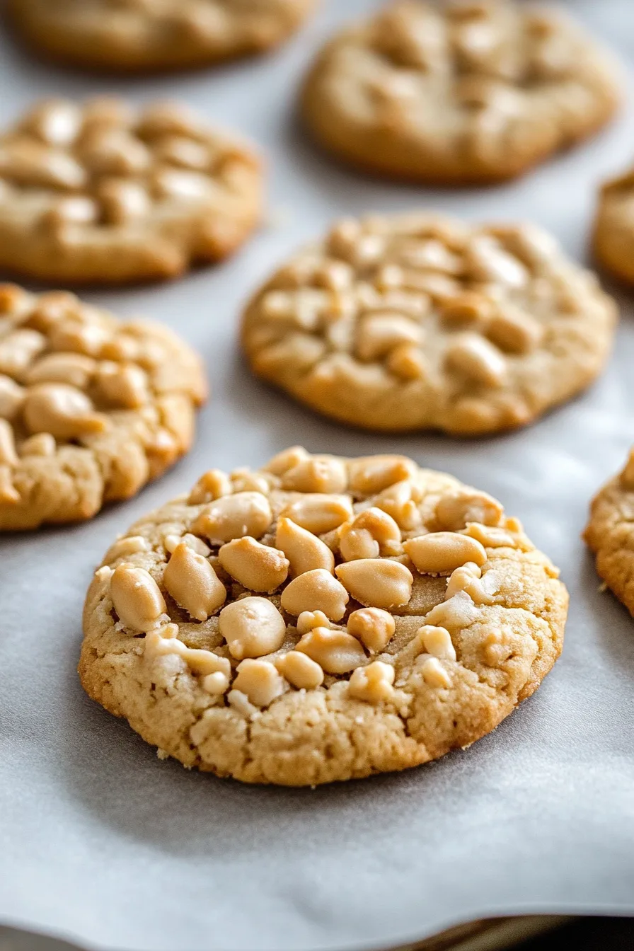 Freshly baked cookies with a crinkled surface and a layer of pine nuts on top.