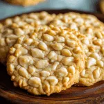 Close-up of soft, golden cookies coated with toasted pine nuts.