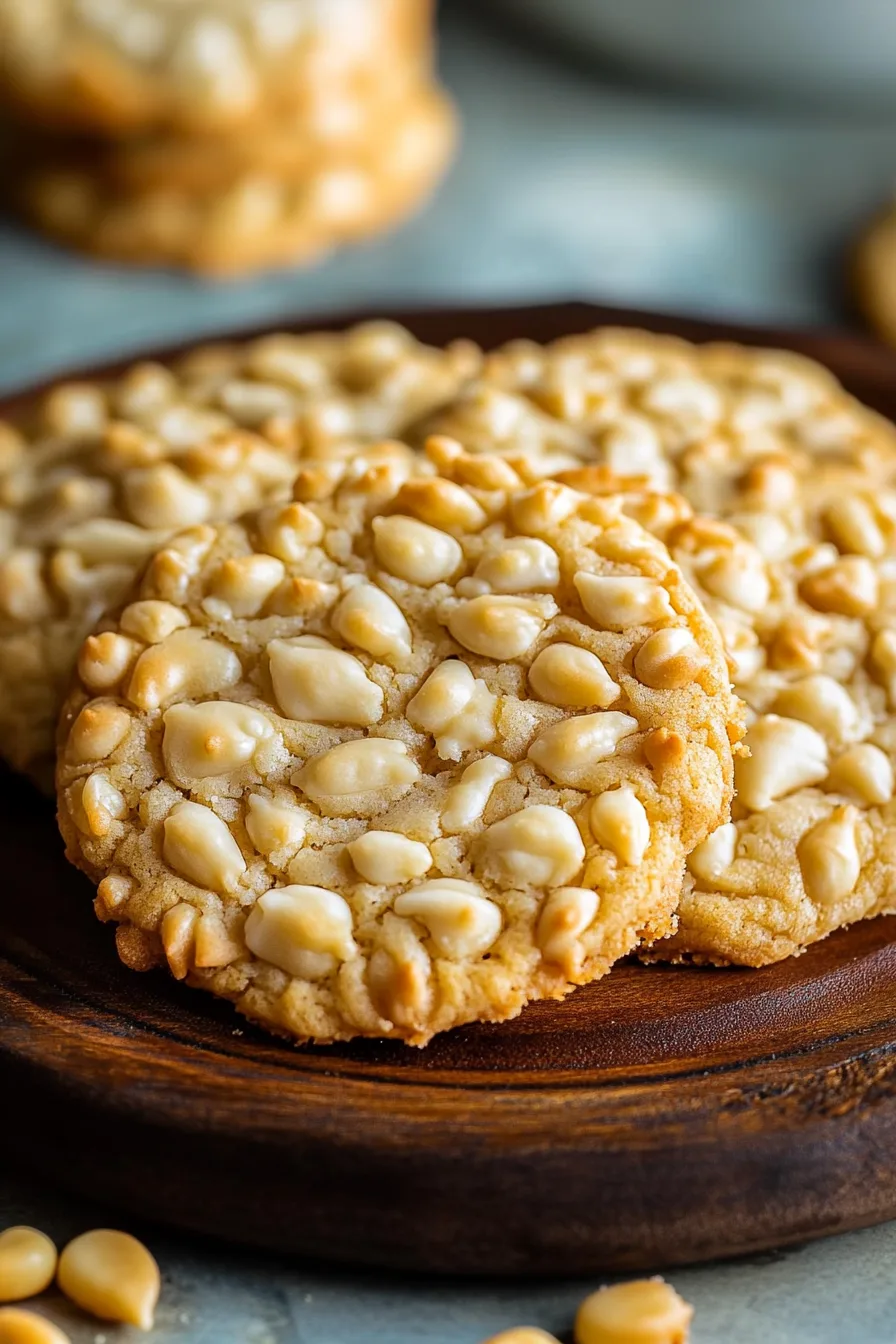 Close-up of soft, golden cookies coated with toasted pine nuts.